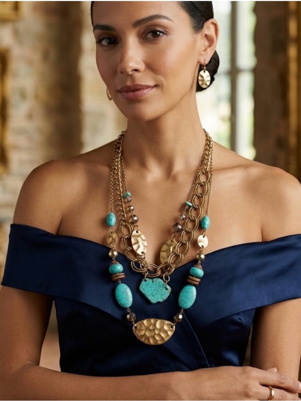 Elegant Gold and Turquoise Multi-Strand Statement Necklace by